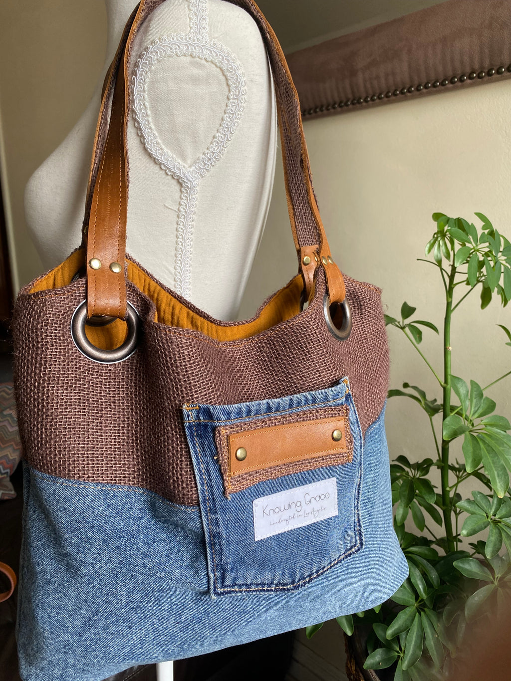 Handsewn Denim + Jute Sustainable Tote Bag