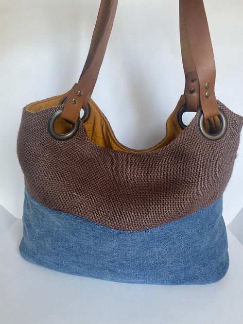 Handsewn Denim + Jute Sustainable Tote Bag